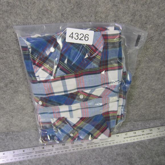 Open Trails Shirt Mens Large Blue Red Plaid Short Sleeve Western Pearl Snap - Picture 8 of 8